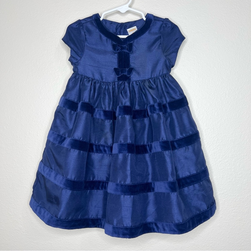Gymboree Girls Toddler Blue Satin & Velvet Short Sleeve Bow Holiday Party Dress